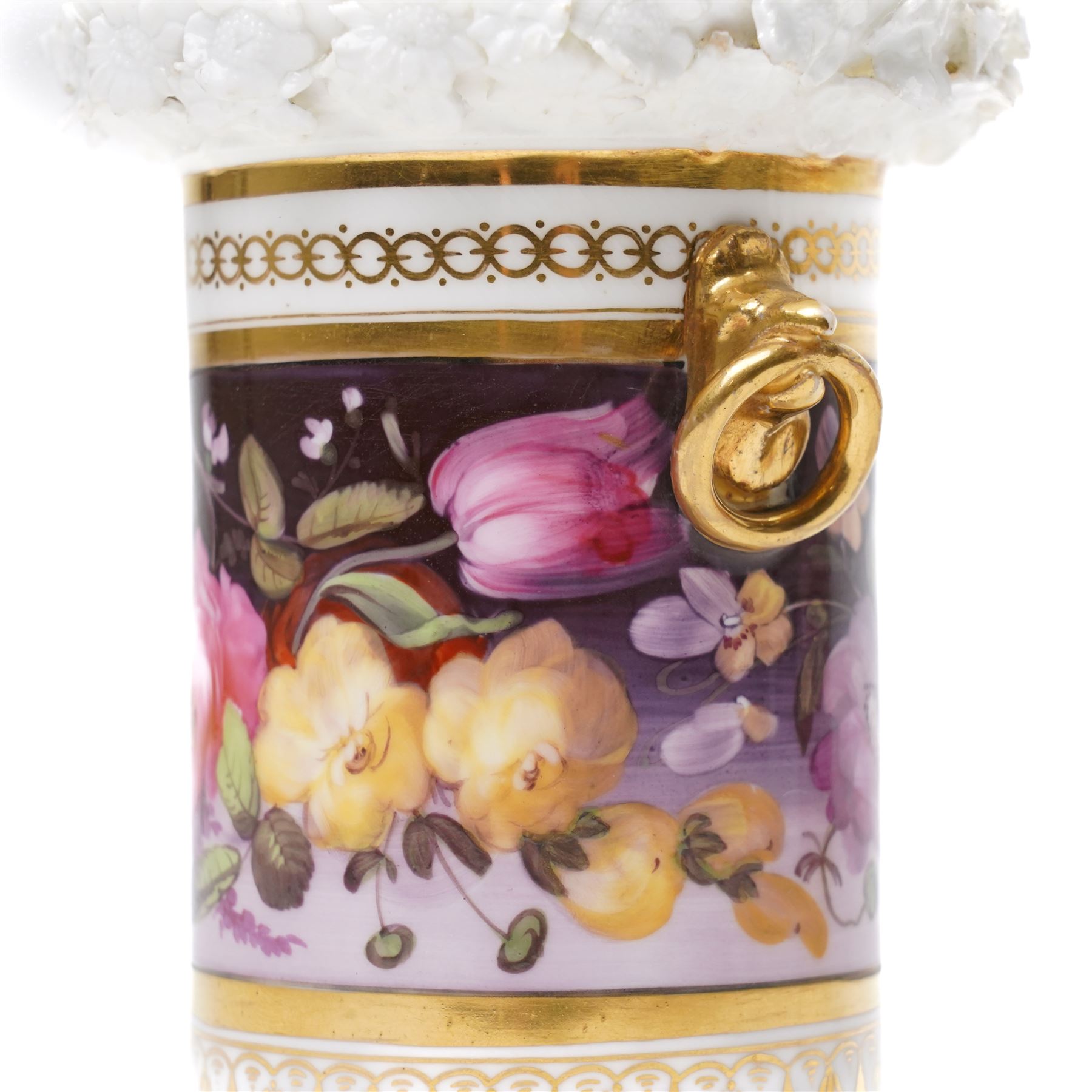 Pair of 19th century spill vases, the rim with encrusted decoration, the central band hand-painted with flowers on a claret ground, unmarked but in the manner of Coalport, H11cm 