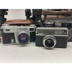 Collection of cameras and lenses, to include Pentax Program A camera body, serial no 123759, with 'Pentax-A zoom 1:3.5-4.5 28-80mm' len, Praktica EE2 camera body with 'Pentacon electric 1.8/50' lens etc, together with a Manfrotto tripod 