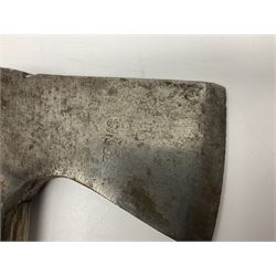 Post-War military type fireman's axe impressed 'PERKS 1953/54' with additional indistinct mark probably WD arrow, ash handle L39cm; and another stonemason's(?) double headed axe with mallet shaped shaft (2)