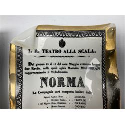 Two Fornasetti rectangular operatic posters ashtrays 'Norma' and 'Iris' decorated with black and white text with a gilt border edge, with printed mark beneath, H16cm