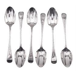 Set of six Georgian matched Old English pattern teaspoons with bright cut engraved decoration, two examples hallmarked William Eley, William Fearn & William Chawner, London 1812, three examples hallmarked London 1807, 1823 and 1828, various makers marks, and another hallmarked Chester, makers mark and date letter worn and indistinct, approximate weight 3.19 ozt (99.2 grams)
