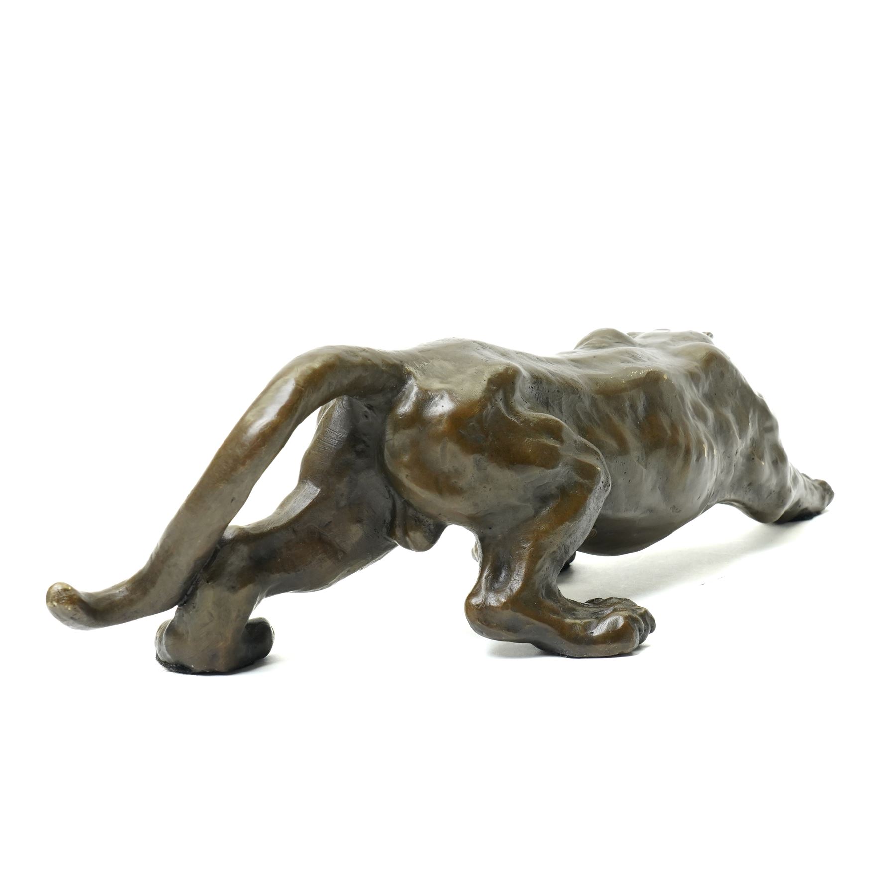 Bronze figure, modelled as a cougar in crouching pose, after Milo and with foundry mark, L42cm 
