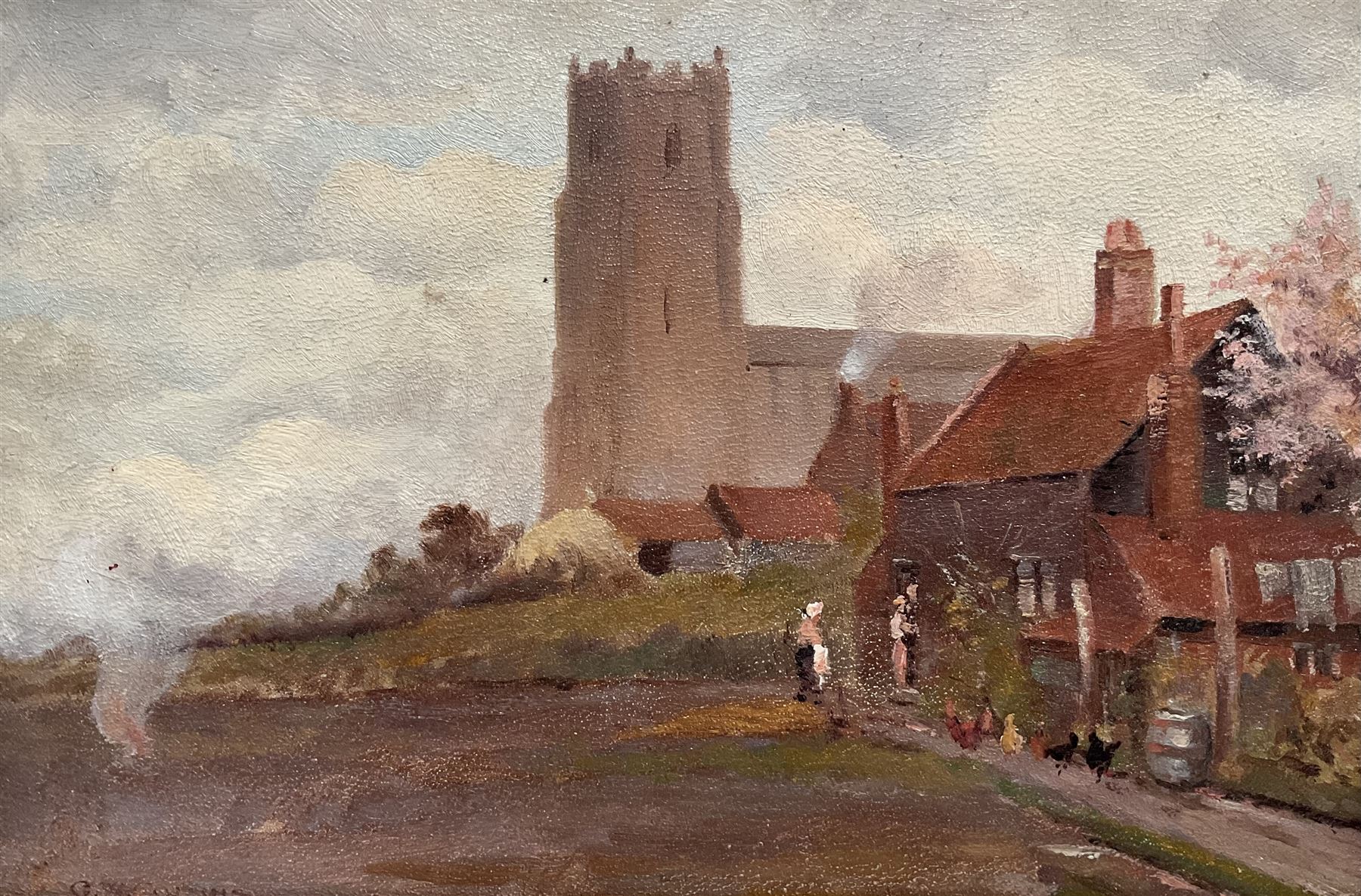George William Collins (British 1863-1949): Chickens and Church, oil on board signed 20cm x 30cm