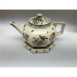 Royal Doulton part dinner service in Old Leeds Sprays pattern,  to include cheese dome, teapot and stand, egg cups etc, together with a selection of floral doilies.  