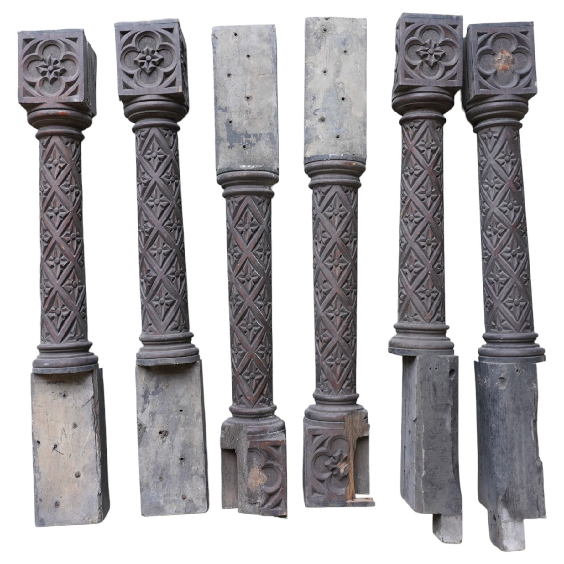 Architectural Salvage - Quantity of oak architectural feaatures including set of six carved communion rail supports, pierced and carved decorative panels, lead mounted pelmet etc
Note: Removed in the 19th century from the church in the grounds of a private Yorkshire estate 
Provenance: property of a Nobleman