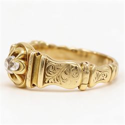 Victorian 18ct gold diamond ring, single cushion shaped old cut diamond of approx 0.45 carat, in an eight claw buttercup setting, to a foliate engraved shank
