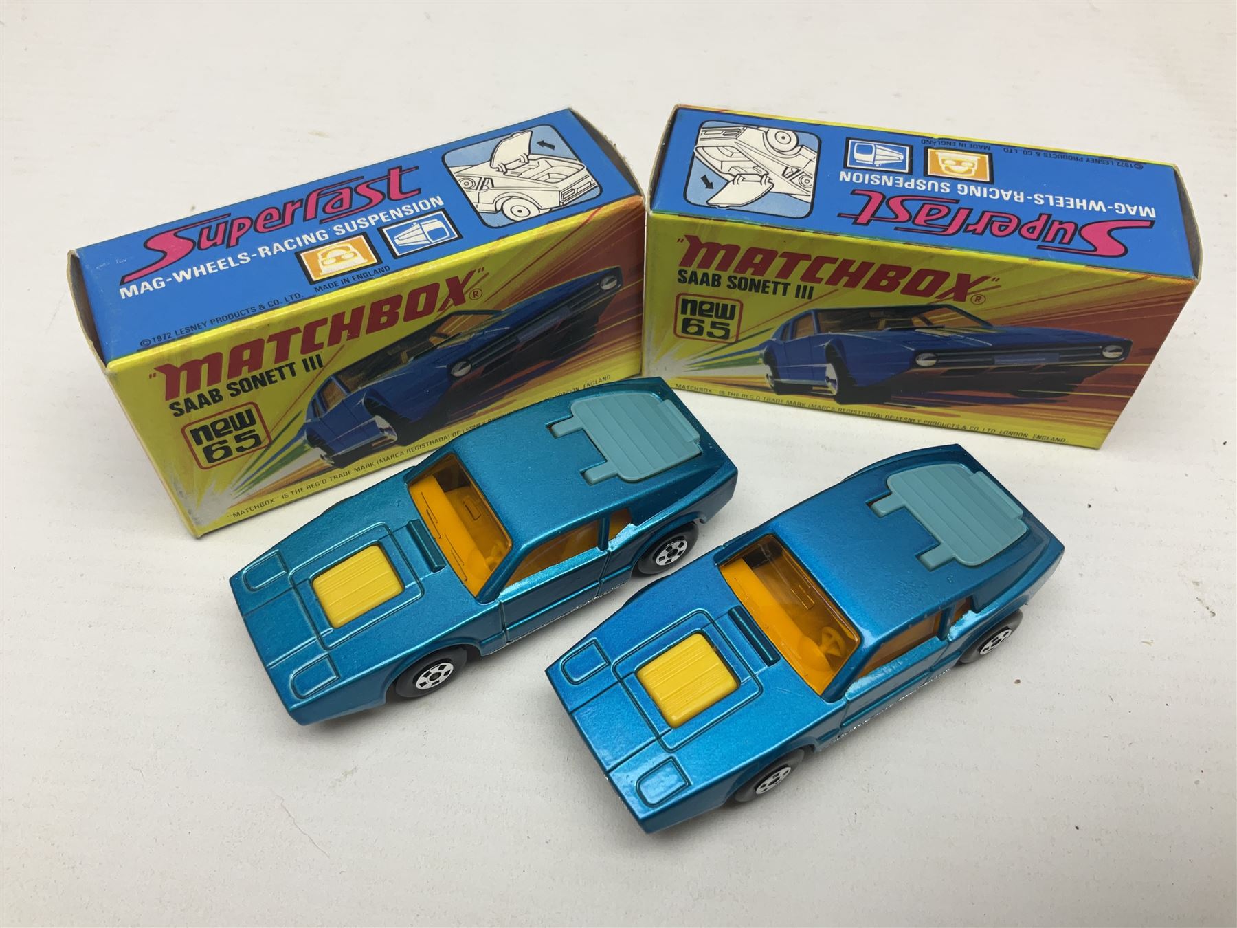 Matchbox 1-75 Series 'Superfast' ex-shop stock - eight models comprising two 62d Dragster, two 64c Slingshot Dragster, two 65d Saab Sonnet III and two 75c Alfa Carabo; all boxed; together with Matchbox trade catalogue c1973 in original vinyl cover (9)