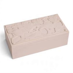ELO Ware - Art Deco white Bakelite cigarette box, circa 1930's, the hinged lid decorated in low relief with mounted Horseback soldier spearing a lion, H6cm, L17cm