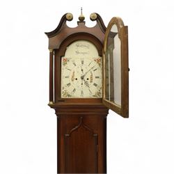 Thomas Hawkswell of Brompton (Nr Pickering-Yorks), 8-day oak cased longcase clock with a swan necked pediment and central brass finial, break arch hood door flanked by reeded pilasters with brass capitals, trunk with canted corners and a spire topped door, square plinth raised on a shaped skirting, painted dial with floral spandrels and makers name to the arch, with Roman numerals, calendar and seconds dial and pierced steel hands, dial pinned to a twin train rack striking movement, striking the hours on a bell. With weights and pendulum.