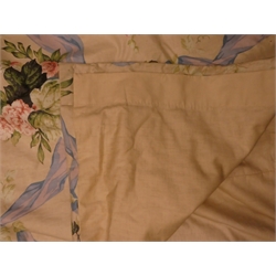  Pair blue thermal lined curtains (W190cm, D175cm) with matching pelmet and a pair of floral patterned thermal lined curtains (W290cm, D235cm) with two matching single bed headboards, with a pair of valance's, and two cushions  
