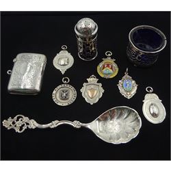 Silver vesta case with bright cut decoration by L F, Birmingham 1919, six silver fob medallions, Norwegian silver spoon by Thorvald Marthinsen and two silver cruets, all hallmarked, approx 4.6oz