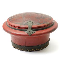 Early 20th century Chinese red lacquered marriage basket, the exterior with character and fruit motifs, H43cm; together with a red painted dowry basket, on shaped circular foot, H19cm x D35cm (2)