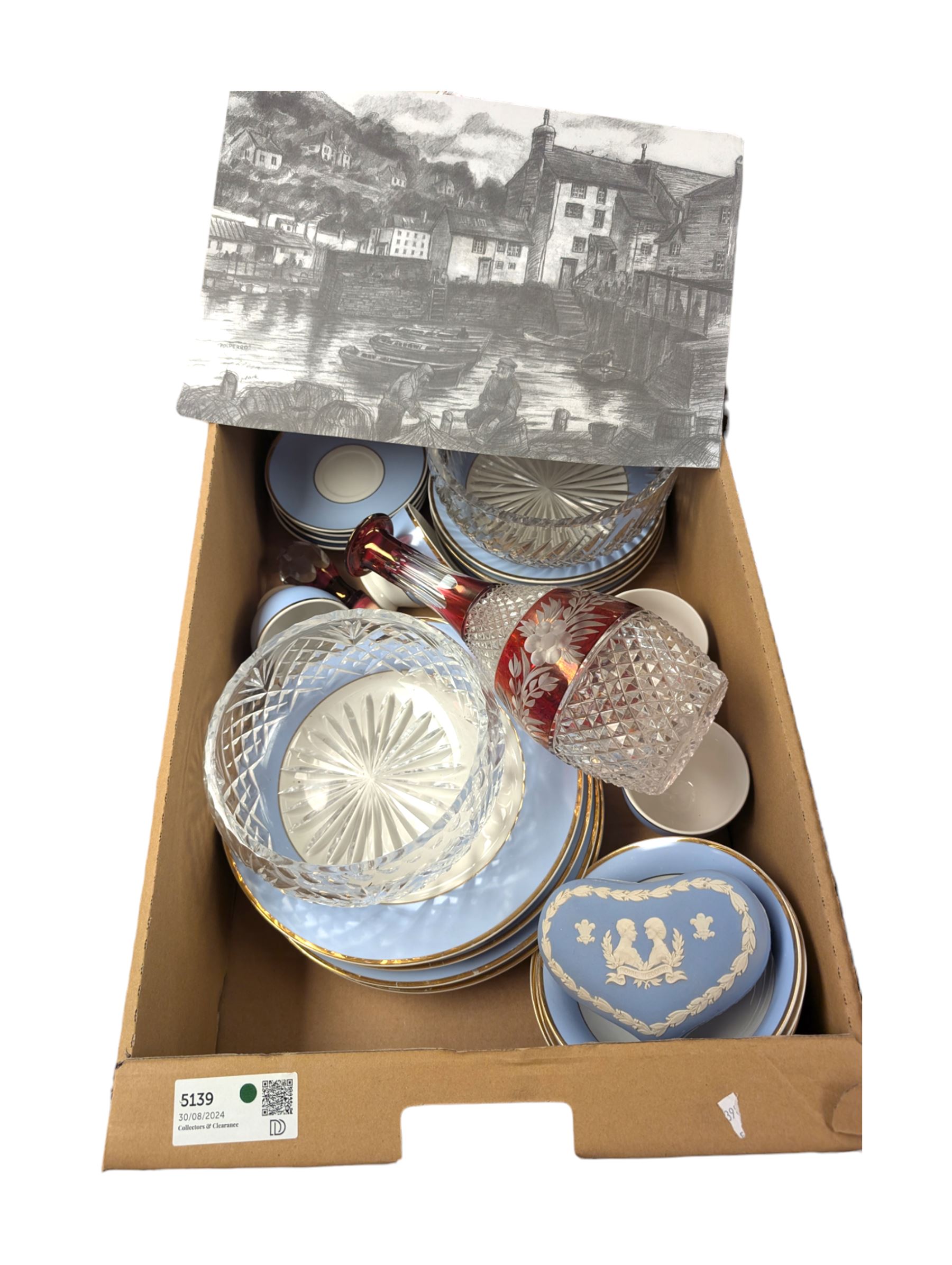 Ruby glass decanter, Doulton part dinner service, two cut glass bowls, pencil drawing and a Wedgwood Jasperware Royal wedding trinket box