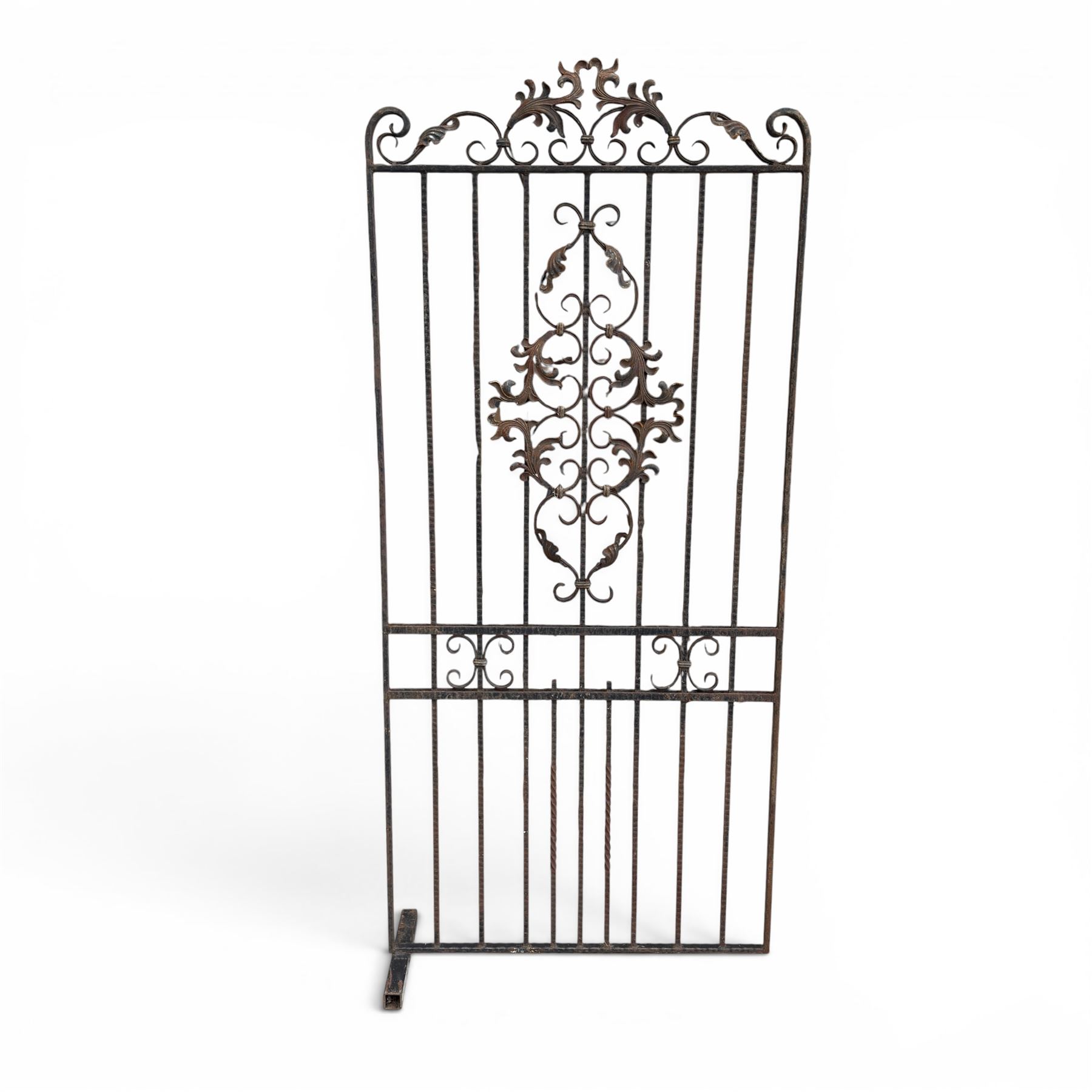 Victorian wrought iron vineyard gate, with ornate scrollwork and foliate acanthus leaf decoration, shaped cresting and central decorative panel, finished in rustic black painted finish
