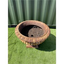 Cast iron centre-piece garden urn, egg and dart rim, squat pedestal base - THIS LOT IS TO BE COLLECTED BY APPOINTMENT FROM DUGGLEBY STORAGE, GREAT HILL, EASTFIELD, SCARBOROUGH, YO11 3TX