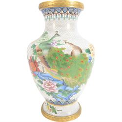 20th century Chinese cloisonné vase, of baluster form, decorated with two peacocks amongst peonies on a white cloud pattern ground, H38cm 
