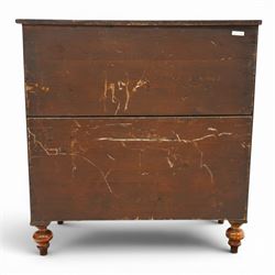 Mid-Victorian figured mahogany chest of drawers, circa 1860, rectangular moulded top over two short and three long drawers with figured veneers, on turned supports