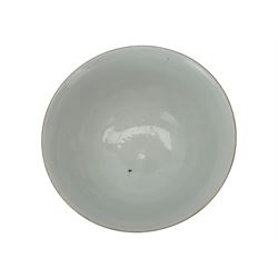 Chinese porcelain iron red tea bowl, the exterior painted with two five claw dragons chasing the flaming pearl, amidst clouds, red Quinlong seal mark beneath, D10.5cm x H6.5cm