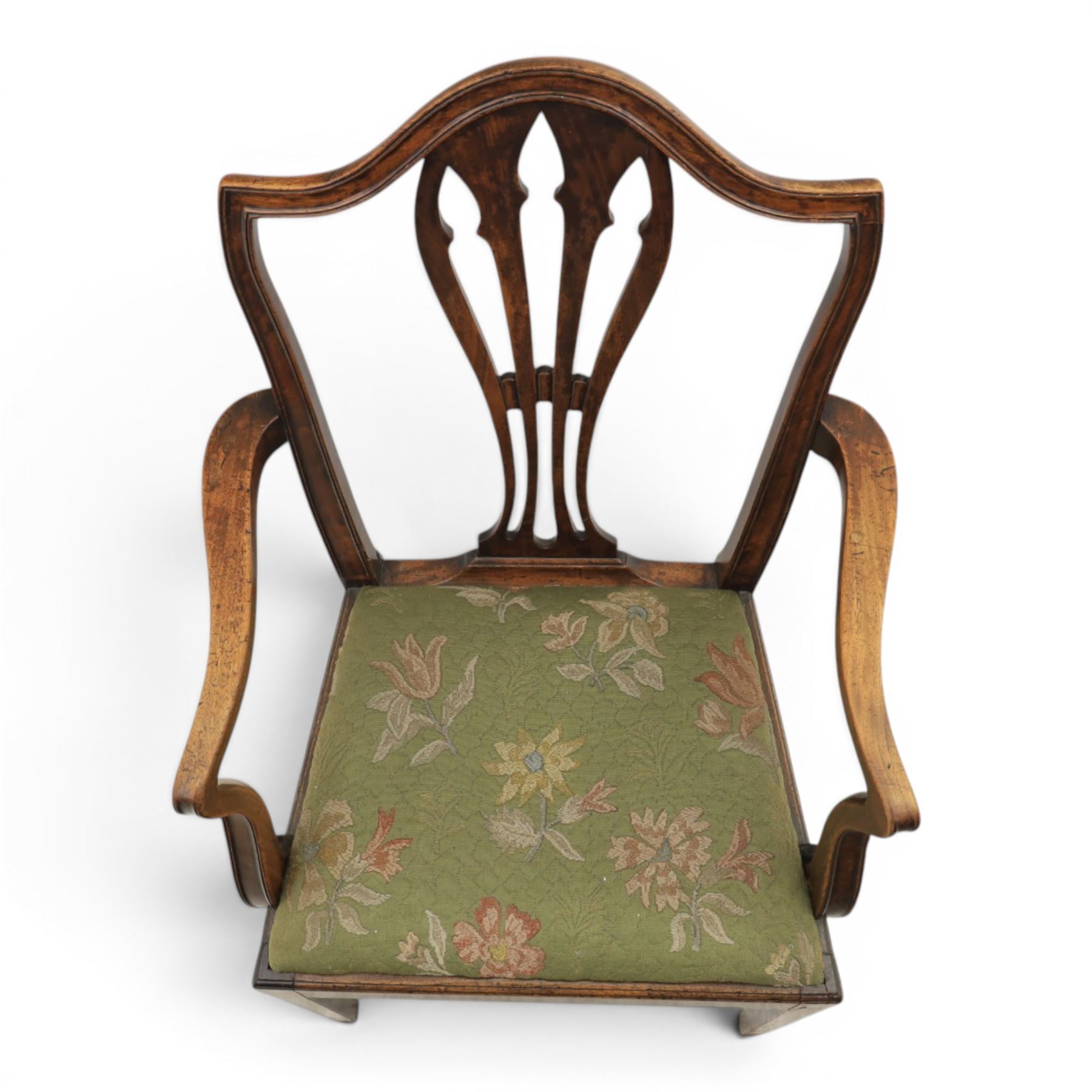 Early 20th century George III design mahogany open armchair, shaped cresting rail with pierced vase-form splat, curved open arms, stuff-over seat upholstered in green floral fabric, on square section supports