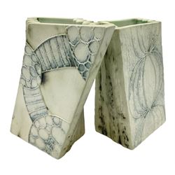 Pair of Carn Pottery Penzance vases of fan form, with tube lined floral and stylised decoration, stamped and marked X9 to base, H11.5cm