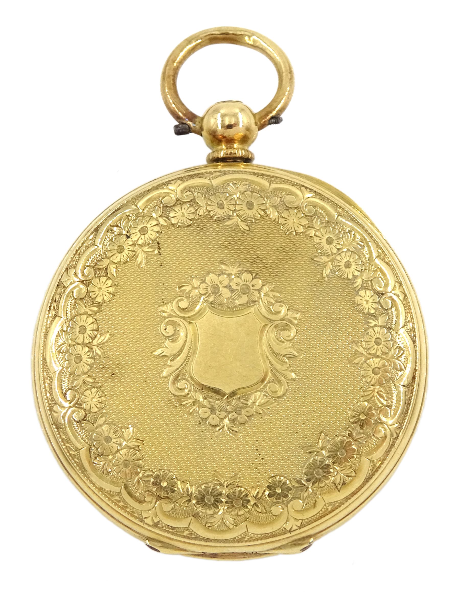Victorian 18ct gold half hunter ladies key wound cylinder pocket watch, white enamel dial with Roman numerals, back case engraved and engine turned with flower decoration, stamped 18K