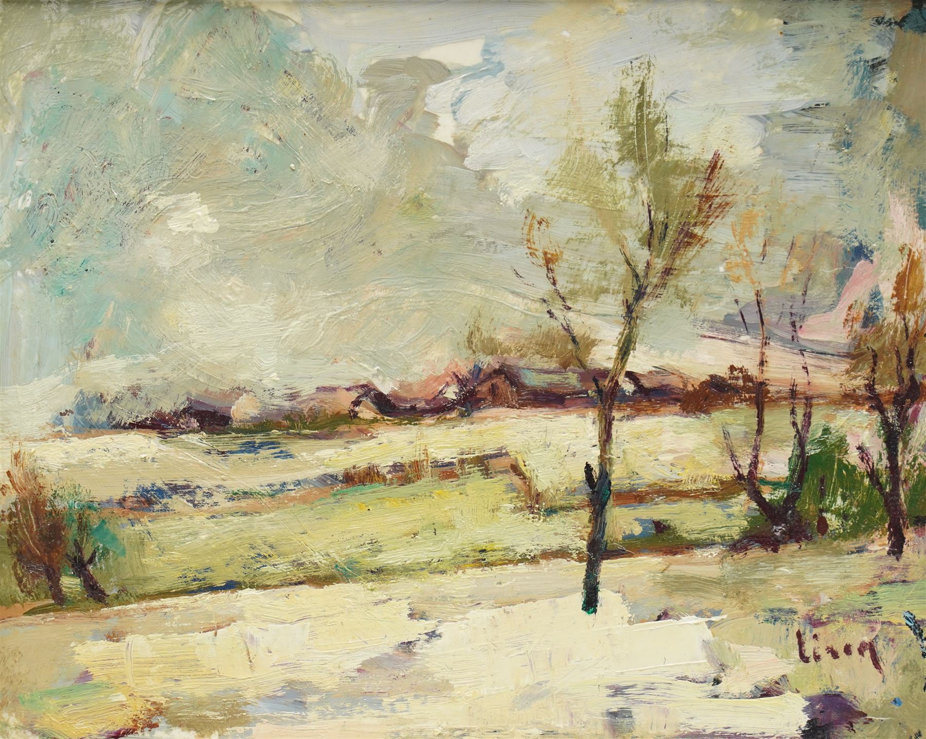 English School (20th Century): Impressionist View of Buildings and Bare Trees, oil on board indistinctly signed 23cm x 29cm