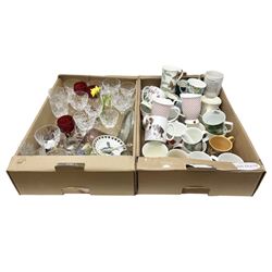 Collection of glassware, together with a large collection of mugs, including Portmeirion and Ringtons examples, in two boxes 