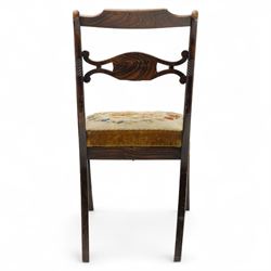 William IV X-frame rosewood stool with upholstered drop-in seat and a Regency simulated rosewood and brass inlaid dining chair with drop-in seat worked in floral needlepoint, W43xD43xH43cm & W46xD40xH79, (2)
