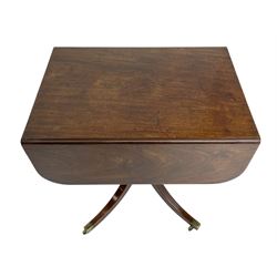 George III figured mahogany Pembroke centre table, drop leaf top with rounded corners, fitted with single end drawer, on turned pedestal with four plain splayed supports with brass cups and castors