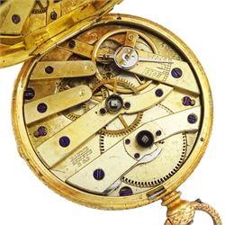19th century 18ct gold open face key wound cylinder pocket watch by Baume, Geneve, gilt dial with Roman numeral hour markers, back case with engraved foliate decoration, stamped 18K