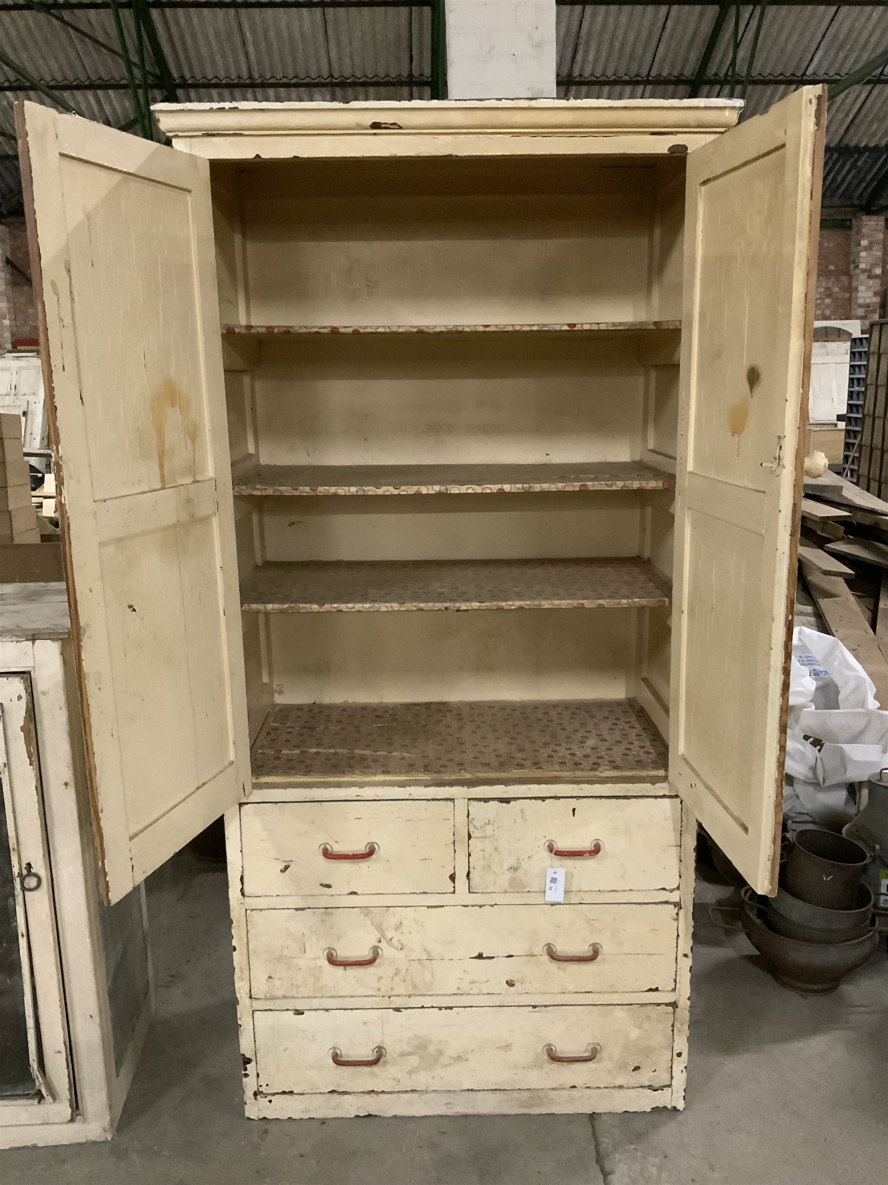 19th century painted pine wardrobe cupboard, fitted with two panelled doors, two short and two long drawers - THIS LOT IS TO BE COLLECTED BY APPOINTMENT FROM THE OLD BUFFER DEPOT, MELBOURNE PLACE, SOWERBY, THIRSK, YO7 1QY