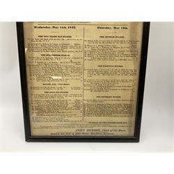 Two 19th century Beverley Race posters - 11th/12th May 1842 with vignette of a horse race 35 x 23cm; and 17th March 1854; each in ebonised frame; together with 'Notice of Poll .... Beverley No.5 Ward' 6th May 1976 78 x 43cm in mahogany stained frame (3)
