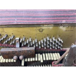 Faventia Half size miniature Spanish barrel piano with a 40cm cylinder playing tunes on a 37 note movement including woodblock and triangle, in a painted case with silk embroidered decoration to the front.  Vicente Linares, Barcelona trade label, with original crank handles, stringing, hammers action, tuning pins and cylinder