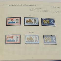 Stanley Gibbons Great Britain 'Commemorative Stamps' album with pictorial cover, from King George V to Queen Elizabeth II pre-decimal, including 1929 Postal Union Congress one pound with oval cancel, 75th Anniversary of the Universal Postal Union issues, QEII with ordinary and phosphor unused issues etc, well presented throughout