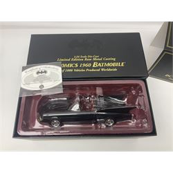 Two Corgi DC Comics die-cast Batmobiles comprising 1:18 scale die-cast Limited Edition Pre-Production Raw Metal Casting 1940 Batmobile Roadster no. 184/300, and 1:24 scale die-cast Limited Edition Raw Metal Casting 1960 Batmobile no. 858/1000, both with original boxes and certificates of authenticity 
