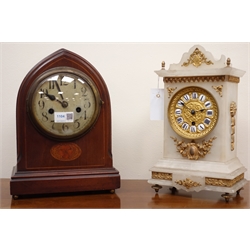  Edwardian lancet cased inlaid mahogany mantel clock, with silvered Arabic dial, twin train movement striking the hours on a gong, H32cm and an Edwardian gilt metal mounted white alabaster mantel timepiece, H33cm (2)   