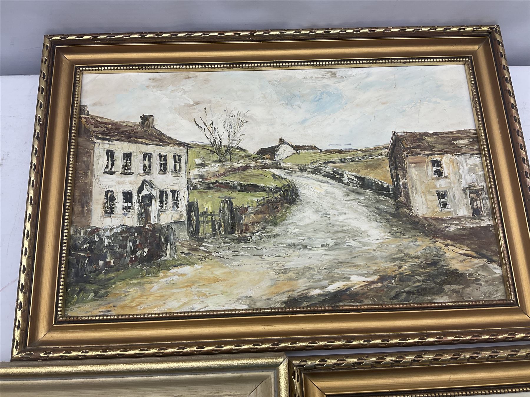 Barbara C Shaw (Northern British 20th century): 'Lane into Thorpe' and 'Main Street', two oil on boards signed together with M Yeadon (Northern British contemporary): 'Howarth Main Street Bronte Country', oil on board signed max 24cm x 39cm (3)