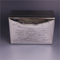 WWII silver mounted cigarette box, of rectangular form, the hinged cover inscribed 'presented to Major & Mrs James Bennett on the occasion of their marriage by the officers of the Liverpool Wardens Service October 1944' and engraved with twenty-four signatures of the officers, with softwood interior, hallmarks worn and indistinct, H7.5cm, W19cm
