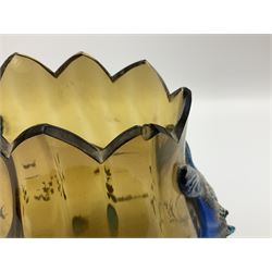 Pair of 19th century glass vases in the style of Auguste Jean, of bulbous form with lobed rim and applied blue glass zoomorphic handles, painted with enamel flowers, dragonflies and swans, upon four blue glass feet, H26cm