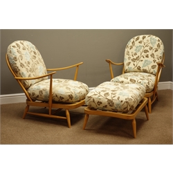  Ercol 'Windsor' light beech finish four piece lounge suit, three seat settee (W174cm), pair 'Windsor' easy armchairs (W72cm), and matching footstool, all with floral upholstered loose cushions  