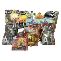 Seventeen TV & film related carded action figures comprising four Pirates of the Caribbean; five Shrek; three Star Trek; two Sea Quest DSV; Captain Scarlet, Warriors of Virtue; and Jurassic World; all in unopened blister packs (17)