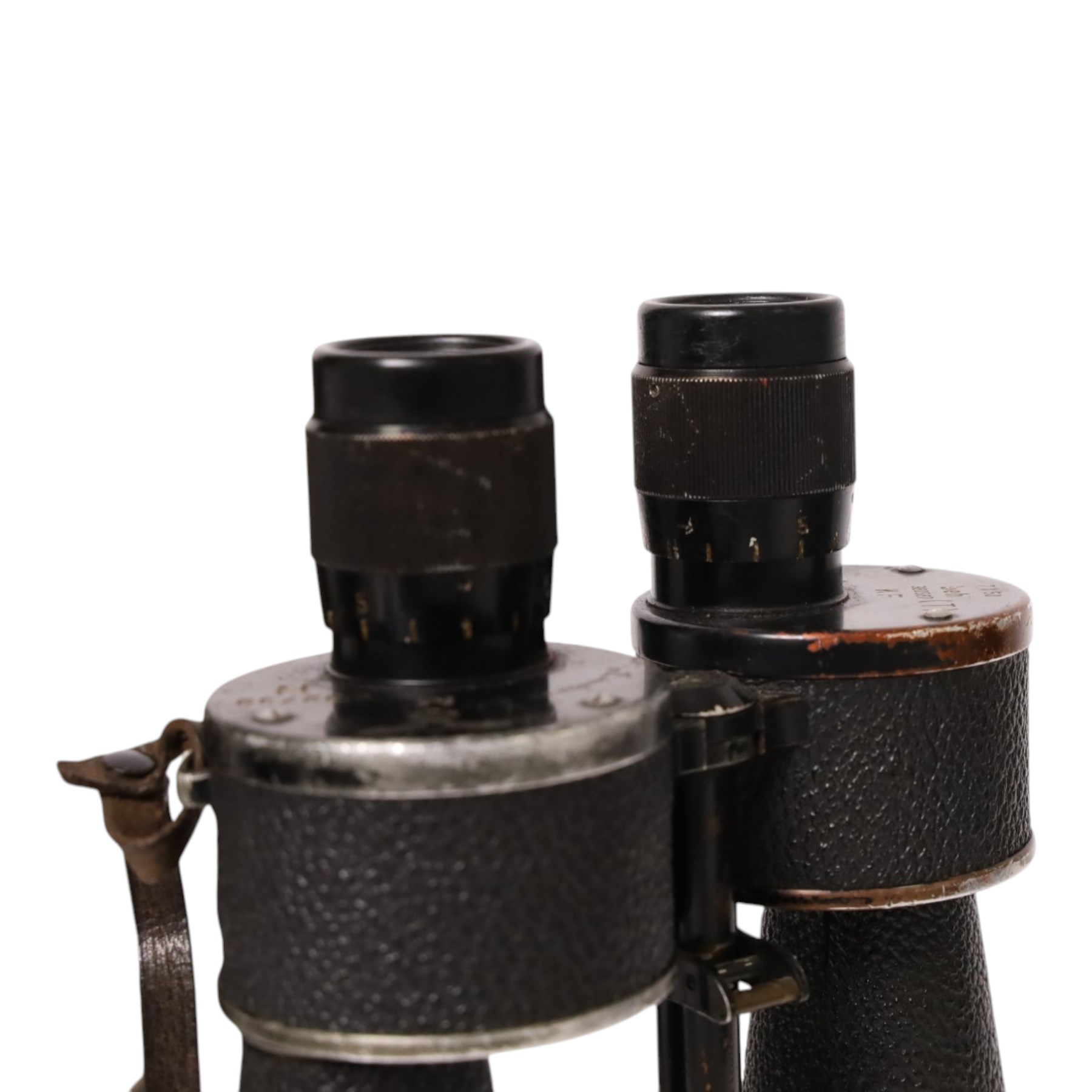 WWII German Pair of  7x50 Binoculars, stamped to the back plate '7x50 beh (T) 380587 KF' and stamped to the other side with the Kriegsmarine mark and 32739 N, wiht later leather case, H22cm