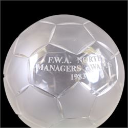 Royal Doulton crystal football trophy, modelled as a football with frosted panels, presentation engraving reading FWA North Managers Awards 1983, upon a wooden socle plinth, height including plinth H26cm
