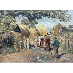 James William Booth (Staithes Group 1867-1953): Driving Cattle towards Hayricks, oil on canvas laid on to board signed 29cm x 39cm