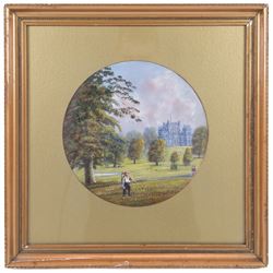 Albert Henry Findlay (British 1880-1975): 'Bootham Bar - York', watercolour signed and titled, 37cm x 27cm; together with a circular oil depicting Wollaton Hall, D21cm (2)