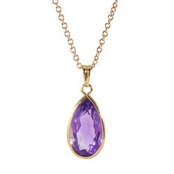 18ct gold pear shaped amethyst pendant, on 9ct gold necklace stamped 375