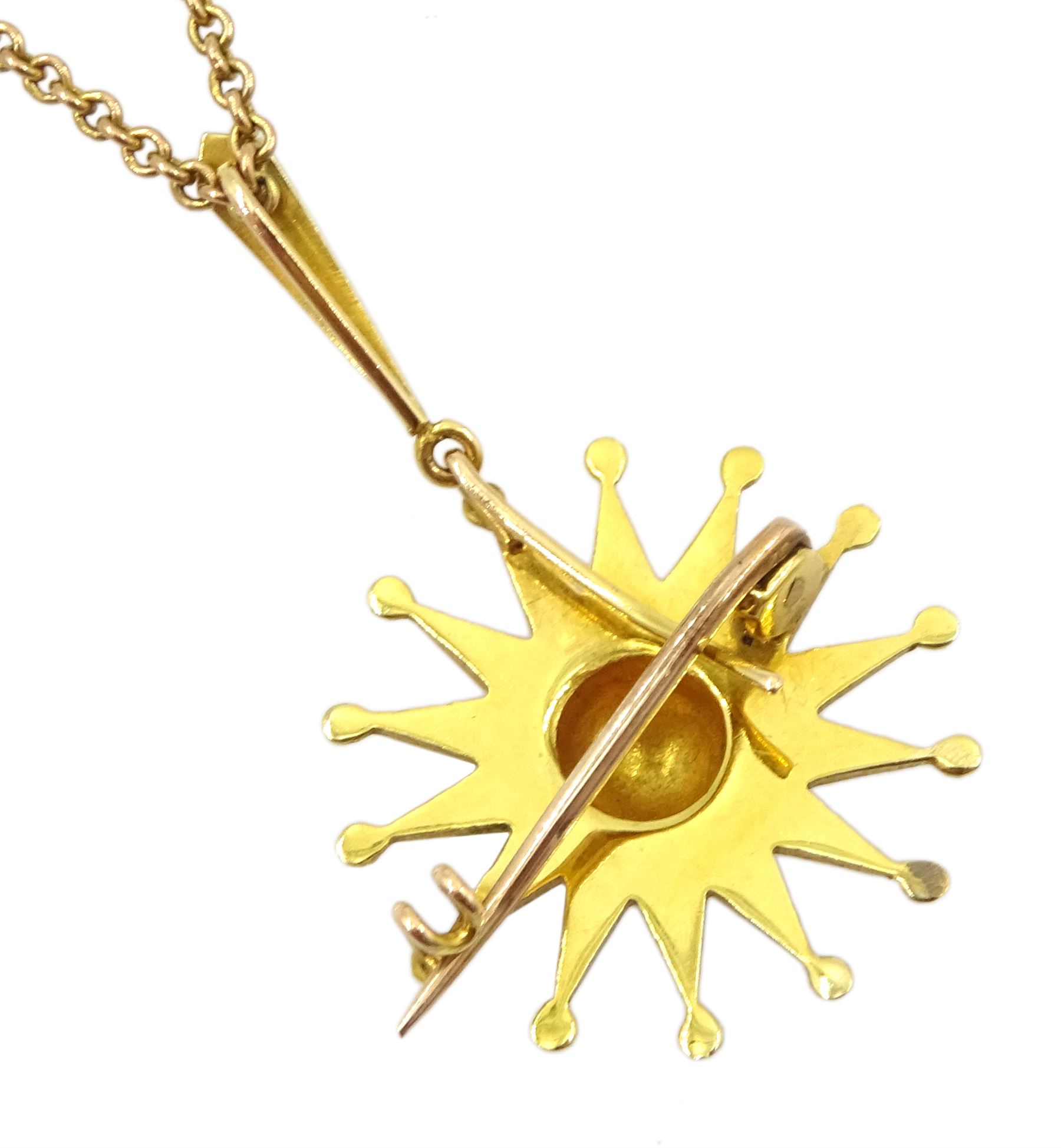 Edwardian 15ct gold seed pearl pendant/brooch, on 9ct gold chain necklace
