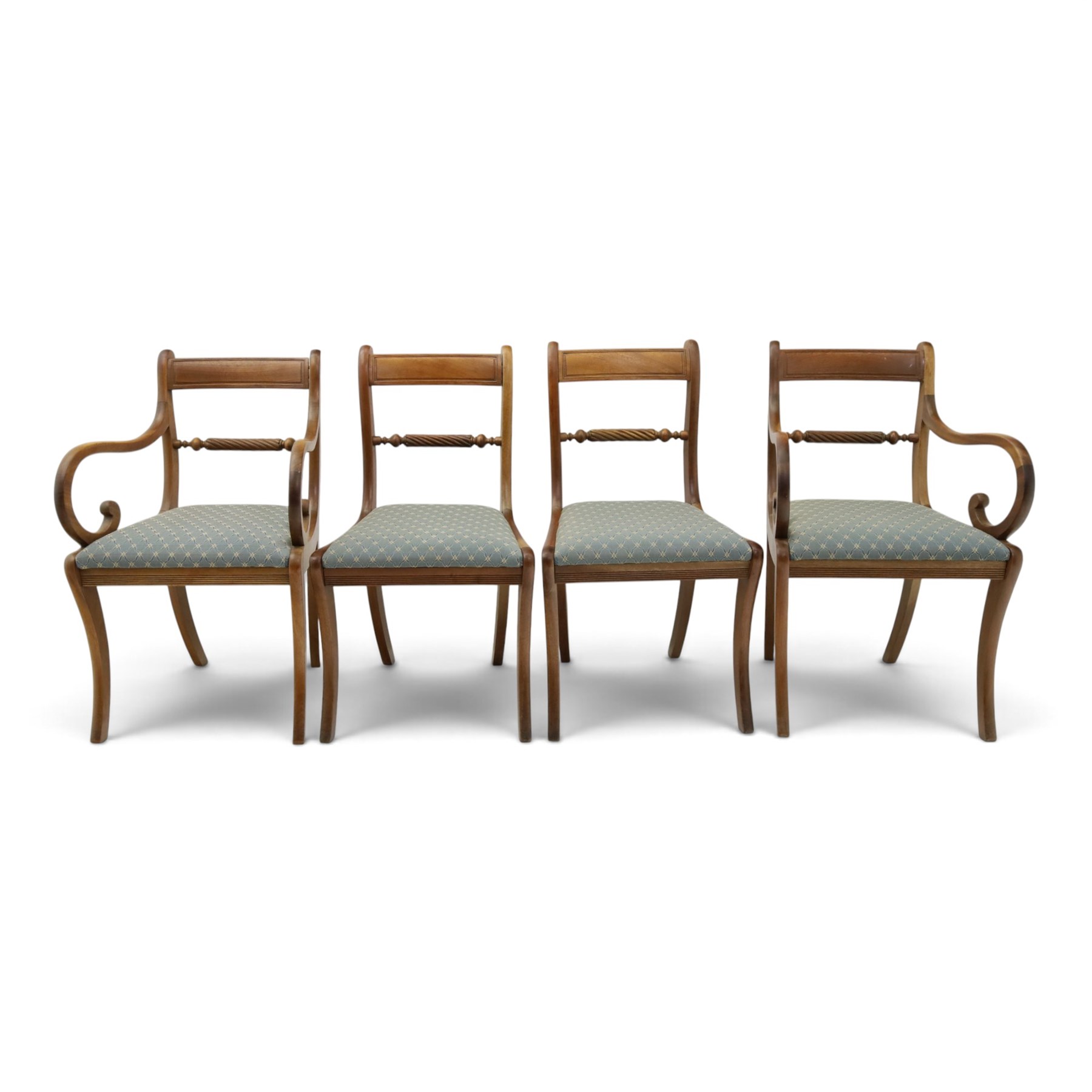 19th century mahogany extending dining table, rectangular top with rounded corners raised on turned and fluted supports with brass cups and castors, with two additional leaves; with set of eight (6+2) Regency design mahogany dining chairs, spiral-reeded back-bar over drop-in seats and sabre supports (W54cm H85cm)