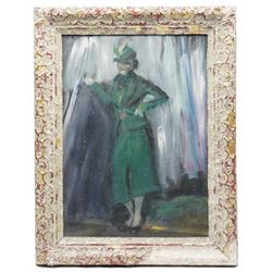 AFC Lamont (Scottish Early 20th century): Portrait of a Lady in a Green Dress and 'the New Hat', oil on canvas laid onto board signed, titled verso 52cm x 37cm
