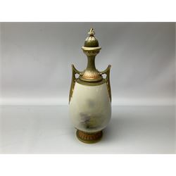Early 20th century Royal Worcester vase decorated by Harry Davis, of ovoid form with twin acanthus mounted handles and waisted high neck supporting a domed cover, upon a circular foot, the body hand painted with sheep in a highland landscape, signed H Davis, with puce printed marks beneath including shape number 2425, and date code for 1907, H27.5cm